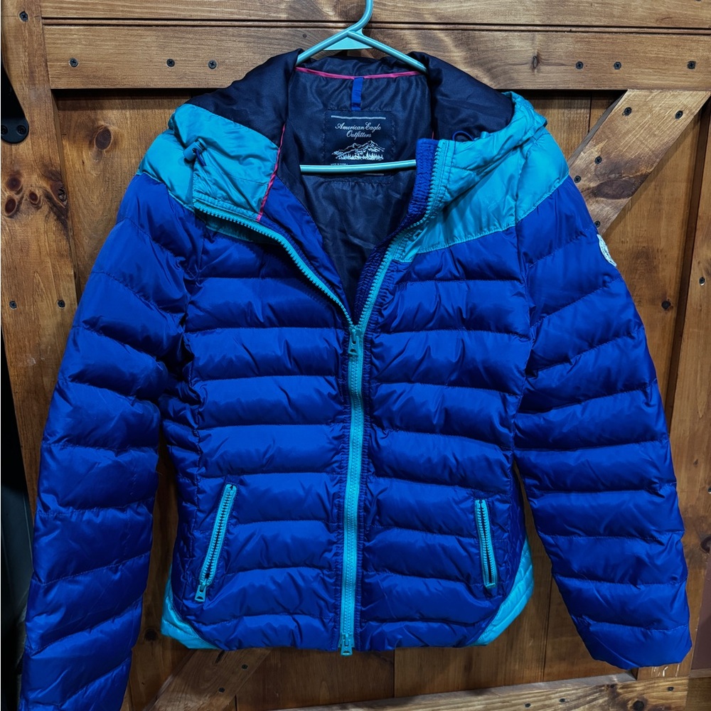 American Eagle Outfitters Navy Jacket with Light Teal Trim